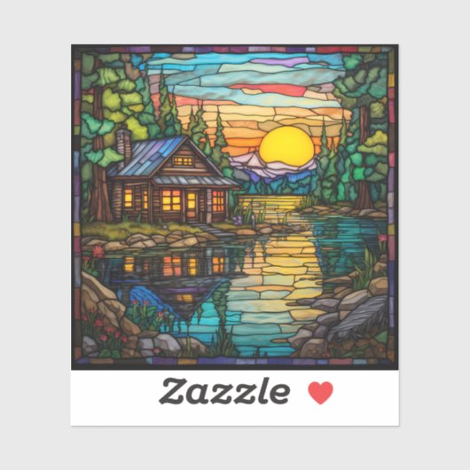 Glas in lood Look Cabin, Lake, Sunset Decal Sticker (Vel)
