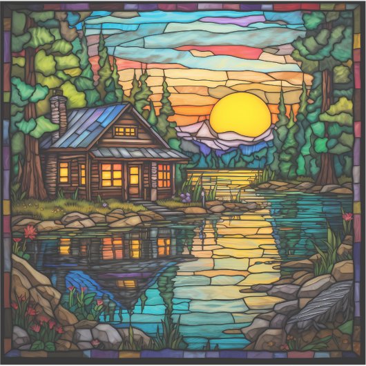 Glas in lood Look Cabin, Lake, Sunset Decal Sticker (Voorkant)