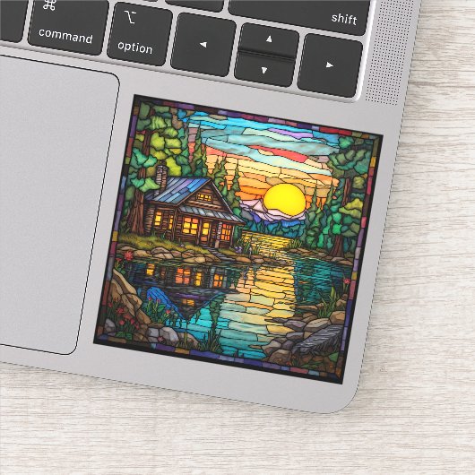 Glas in lood Look Cabin, Lake, Sunset Decal Sticker (Detail)