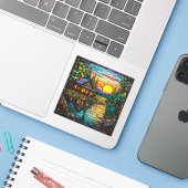 Glas in lood Look Cabin, Lake, Sunset Decal Sticker (Laptop met iPhone)