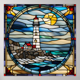 Glas in lood Look Coastal Lighthouse Downloadbaar Poster