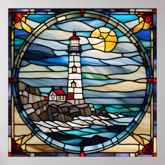Glas in lood Look Coastal Lighthouse Downloadbaar Poster (Voorkant)