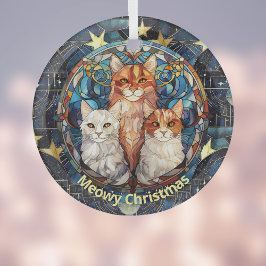 Glas in lood Look Meowy Christmas Cats op blauw Ornament
