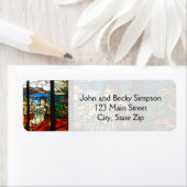 Glas in lood look met dame zittend. etiket (Insitu)