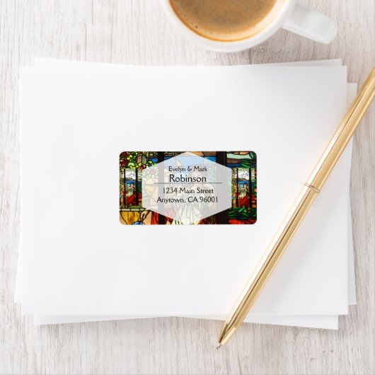 Glas in lood look met dame zittend. etiket (Insitu)