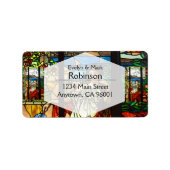 Glas in lood look met dame zittend. etiket (Voorkant)