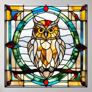 Glas in lood Look Owl Design Poster