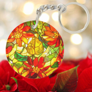 Glas in lood look poinsettia flower tiffany sleutelhanger
