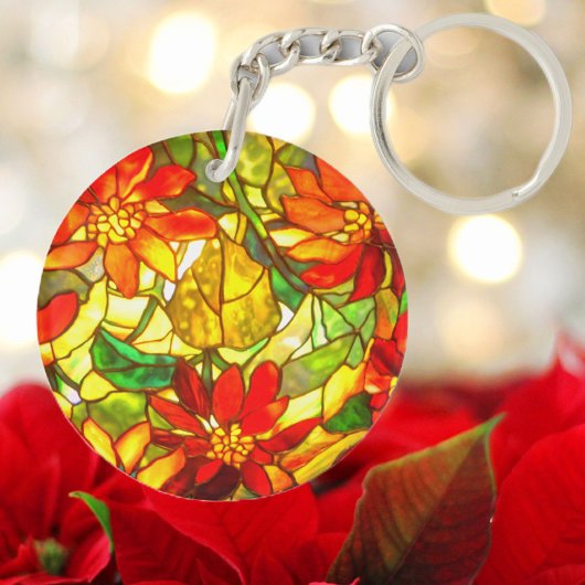 Glas in lood look poinsettia flower tiffany sleutelhanger