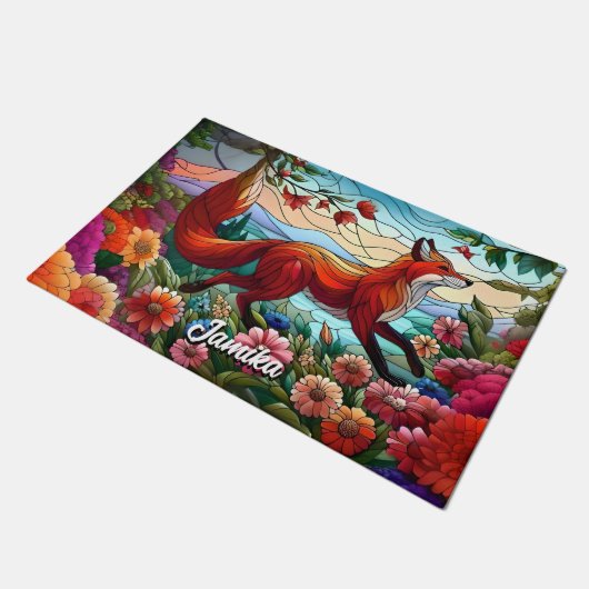 Glas in lood Look Red Fox and Flowers Deurmat (Schuin)