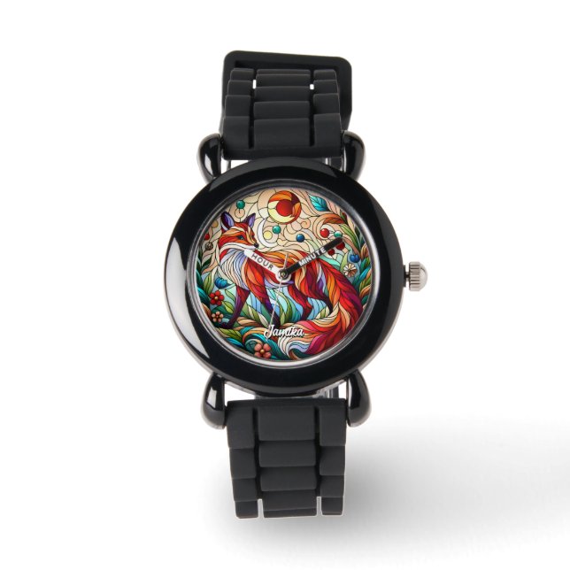 Glas in lood Look Red Fox Horloge (Voorkant)