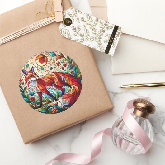 Glas in lood Look Red Fox Ronde Sticker (Geschenken)