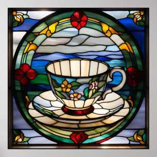 Glas in lood Look Tea Cup en schotel ontwerp Poster