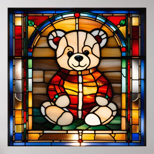 Glas in lood Look Teddy Bear Downloadbaar Ontwerp Poster (Voorkant)