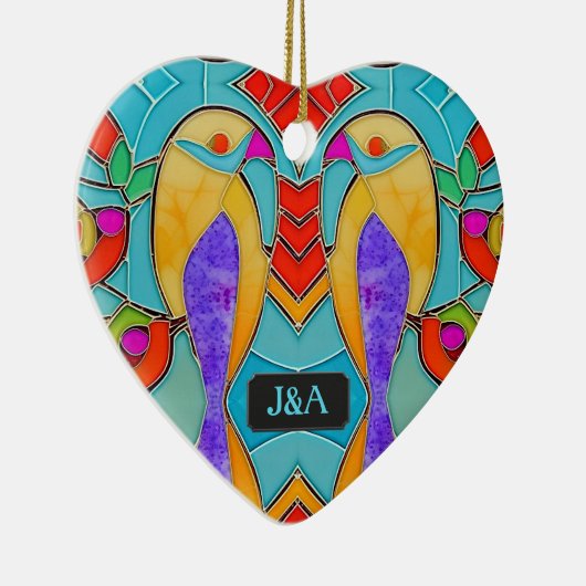 Glas in lood Look Vogels met paar Initialen Keramisch Ornament (Rechts)