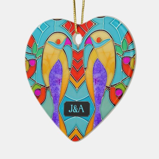 Glas in lood Look Vogels met paar Initialen Keramisch Ornament (Links)