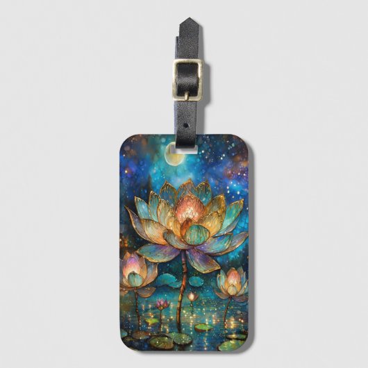 Glas in lood Lotus Bloesems in het maanlicht Bagagelabel (Voorkant (verticaal))