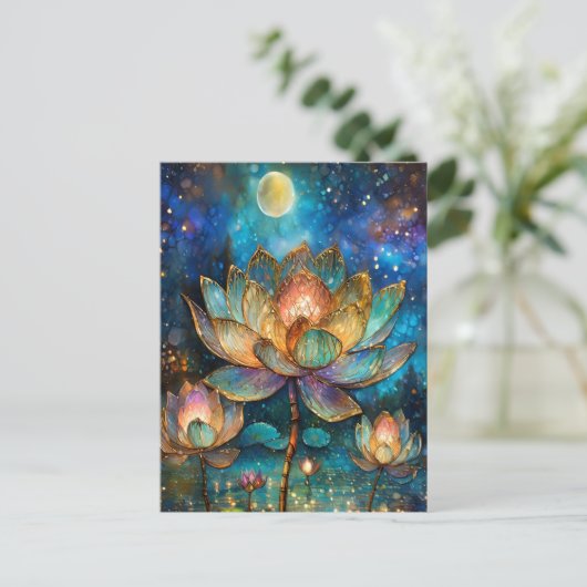 Glas in lood Lotus Bloesems in het maanlicht Briefkaart (Staand voorkant)