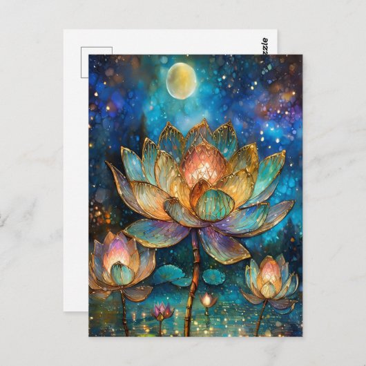 Glas in lood Lotus Bloesems in het maanlicht Briefkaart (Voorkant / Achterkant)