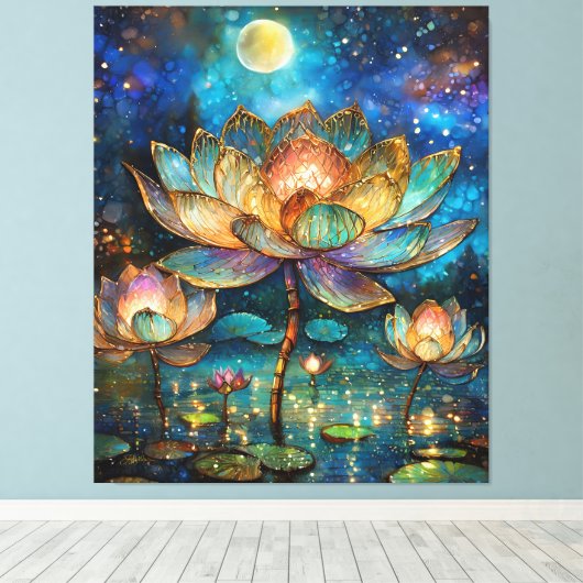 Glas in lood Lotus Bloesems in het maanlicht Canvas Afdruk (Insitu (Houten vloer))