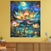 Glas in lood Lotus Bloesems in het maanlicht Canvas Afdruk (Insitu (Woonkamer))