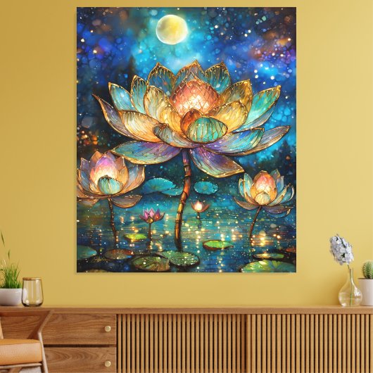 Glas in lood Lotus Bloesems in het maanlicht Canvas Afdruk (Insitu (Woonkamer))