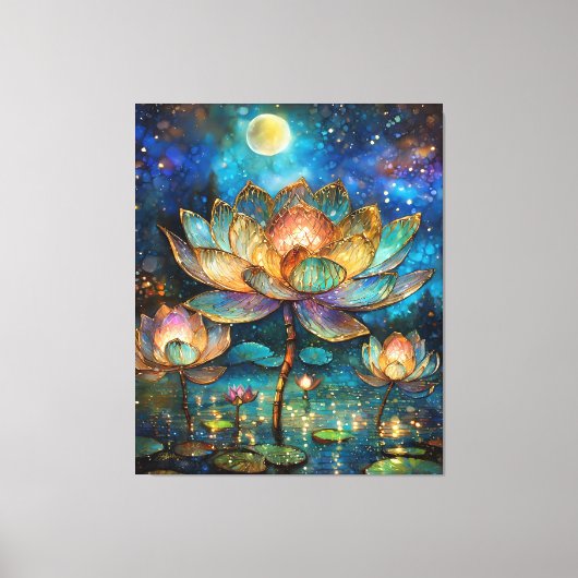 Glas in lood Lotus Bloesems in het maanlicht Canvas Afdruk (Voorkant)