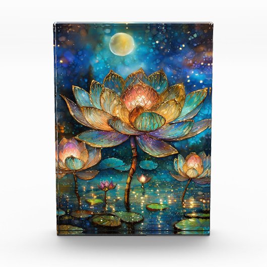 Glas in lood Lotus Bloesems in het maanlicht Fotoblokken (Voorkant)