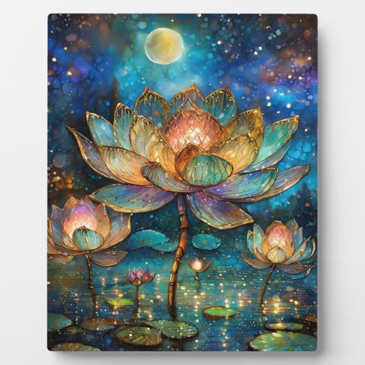 Glas in lood Lotus Bloesems in het maanlicht Fotoplaat (Voorkant)