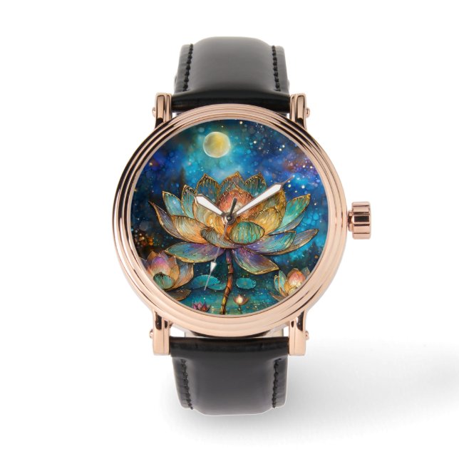 Glas in lood Lotus Bloesems in het maanlicht Horloge (Voorkant)
