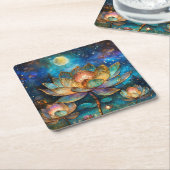 Glas in lood Lotus Bloesems in het maanlicht Kartonnen Onderzetters (Schuin)