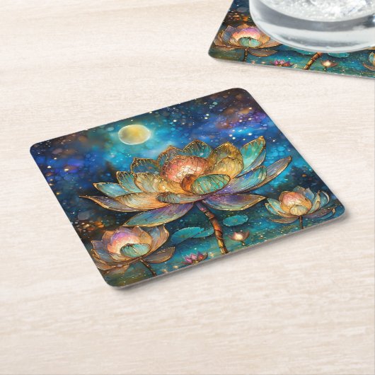 Glas in lood Lotus Bloesems in het maanlicht Kartonnen Onderzetters (Schuin)