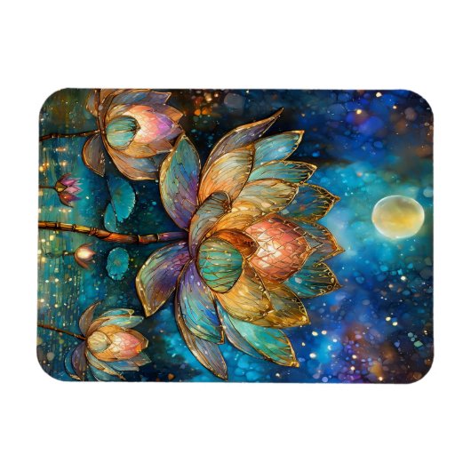 Glas in lood Lotus Bloesems in het maanlicht Magneet (Horizontaal)