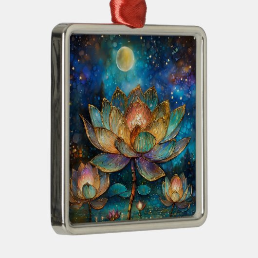 Glas in lood Lotus Bloesems in het maanlicht Metalen Ornament (Rechts)