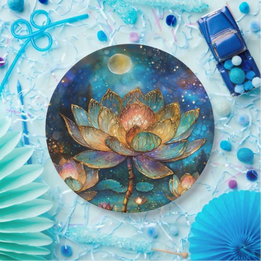 Glas in lood Lotus Bloesems in het maanlicht Papieren Bordje (Feest)