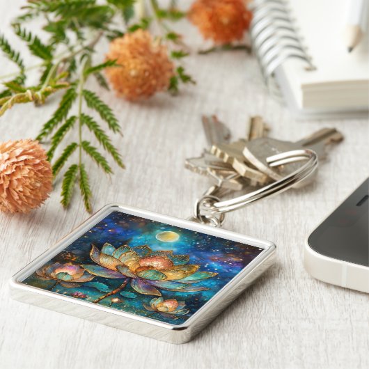 Glas in lood Lotus Bloesems in het maanlicht Sleutelhanger (Zijkant)