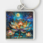 Glas in lood Lotus Bloesems in het maanlicht Sleutelhanger (Voorkant)