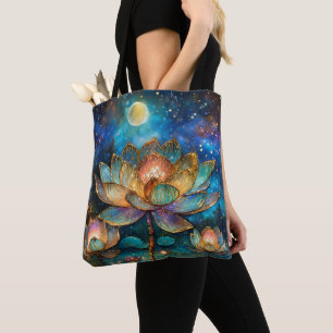Glas in lood Lotus Bloesems in het maanlicht Tote Bag