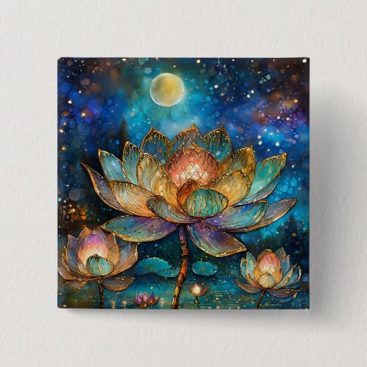 Glas in lood Lotus Bloesems in het maanlicht Vierkante Button 5,1 Cm (Voorkant)
