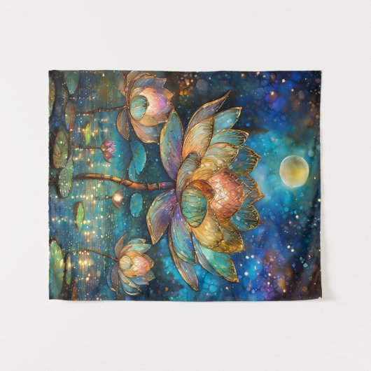 Glas in lood Lotus Bloesems in het maanlicht Wandkleed (Voorkant (horizontaal))