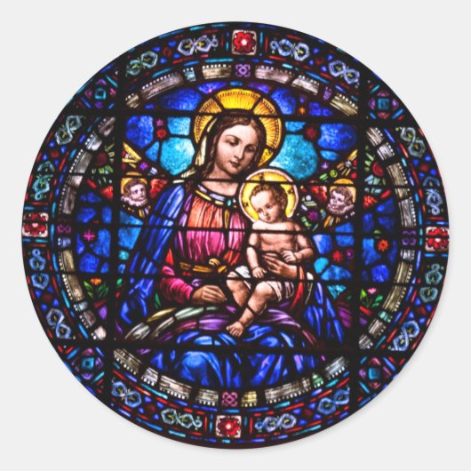 Glas in lood Maagd Maria Baby Jesus Religious Ronde Sticker (Voorkant)