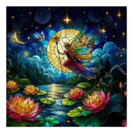 Glas-in-lood Maanlicht Vlucht Elf Perfect Poster