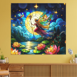 Glas-in-lood Maanlicht Vlucht Fee Canvas Afdruk