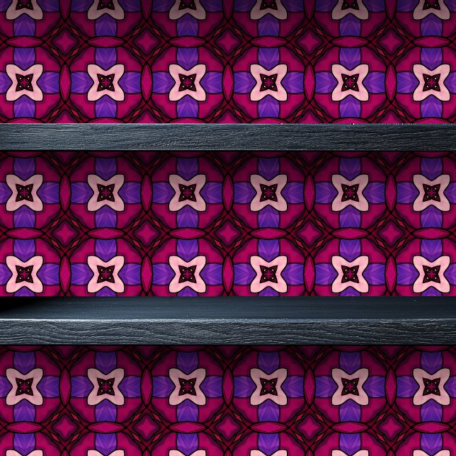 Glas in lood Magenta Arabesque kleine lettertjes Behang (Stained Glass Magenta Arabesque Small Print Wallpaper on a shelf)