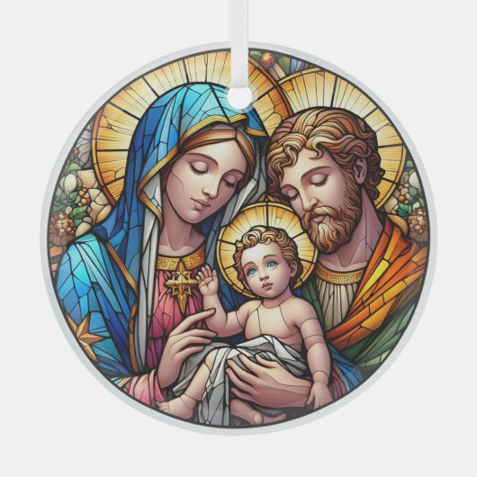 Glas in lood Maria, Jozef en Jezus Glas Ornament (Voorkant)
