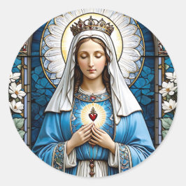 Glas in lood Maria met de Heilige Harten Ronde Sticker
