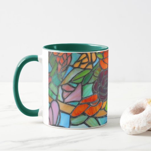 Glas in lood Maroon Roos Bloemen Koffie Mok (Met donut)