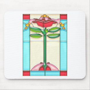 Glas in lood met rode rozenbomen in kunstdecostijl muismat