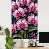 Glas-in-lood met roze orchideeën poster (Thuiskantoor)