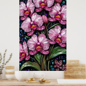Glas-in-lood met roze orchideeën poster (Keuken)